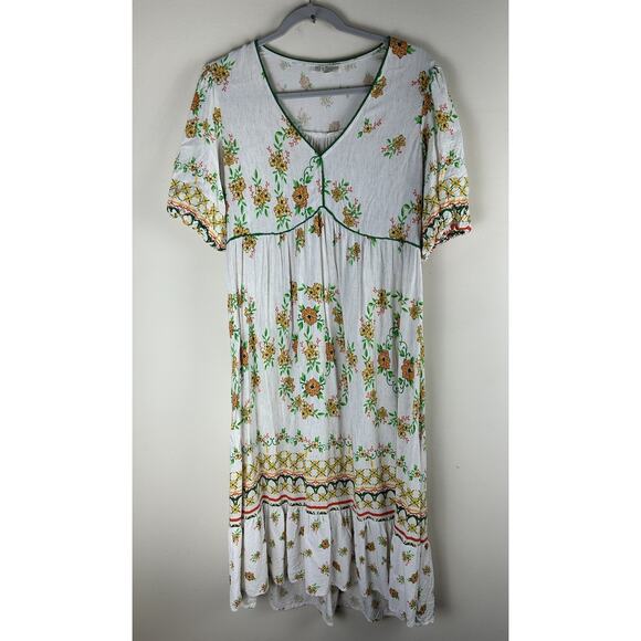 Anthropologie Fig & Flower Medium Linen Blend Midi Dress Floral Cottagecore - Picture 1 of 16